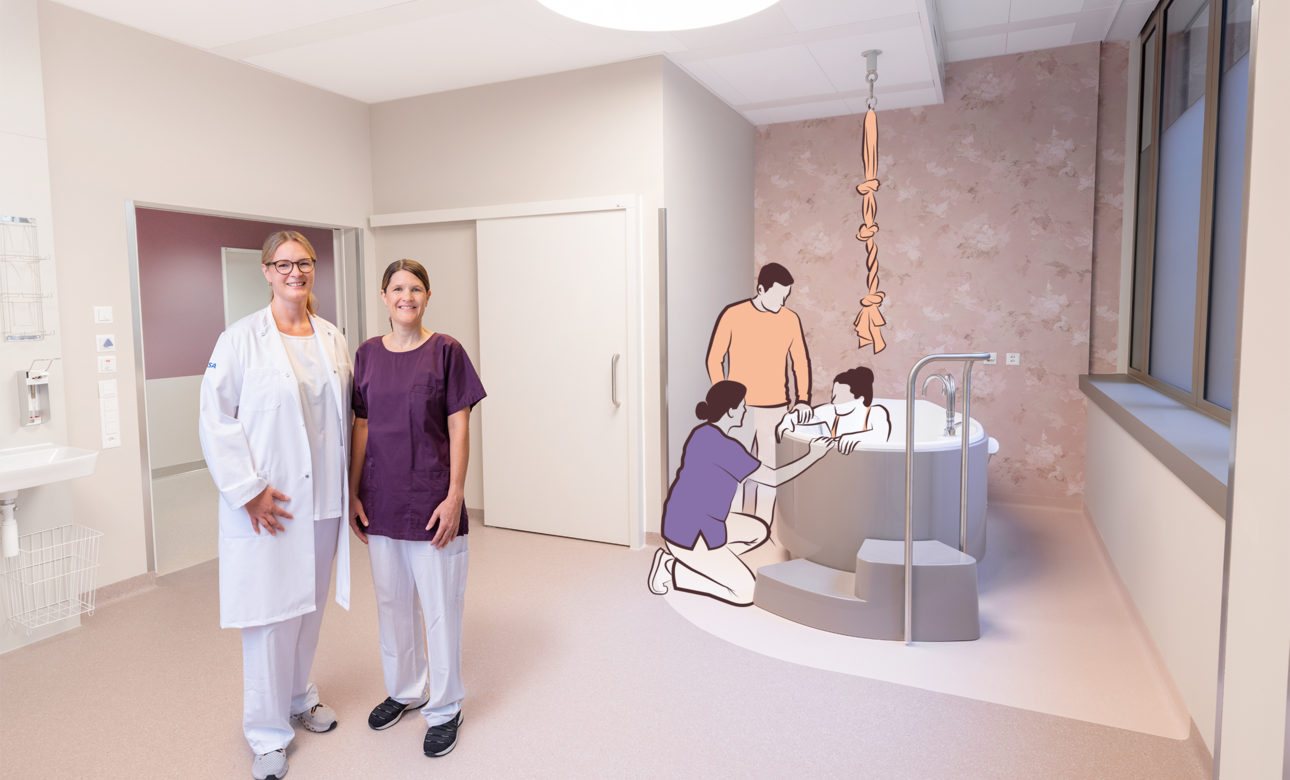 Dr. med. Julia Popelka und Hebamme Stefanie Lindegger in einem der neuen Gebärzimmer des Perinatalzentrums.