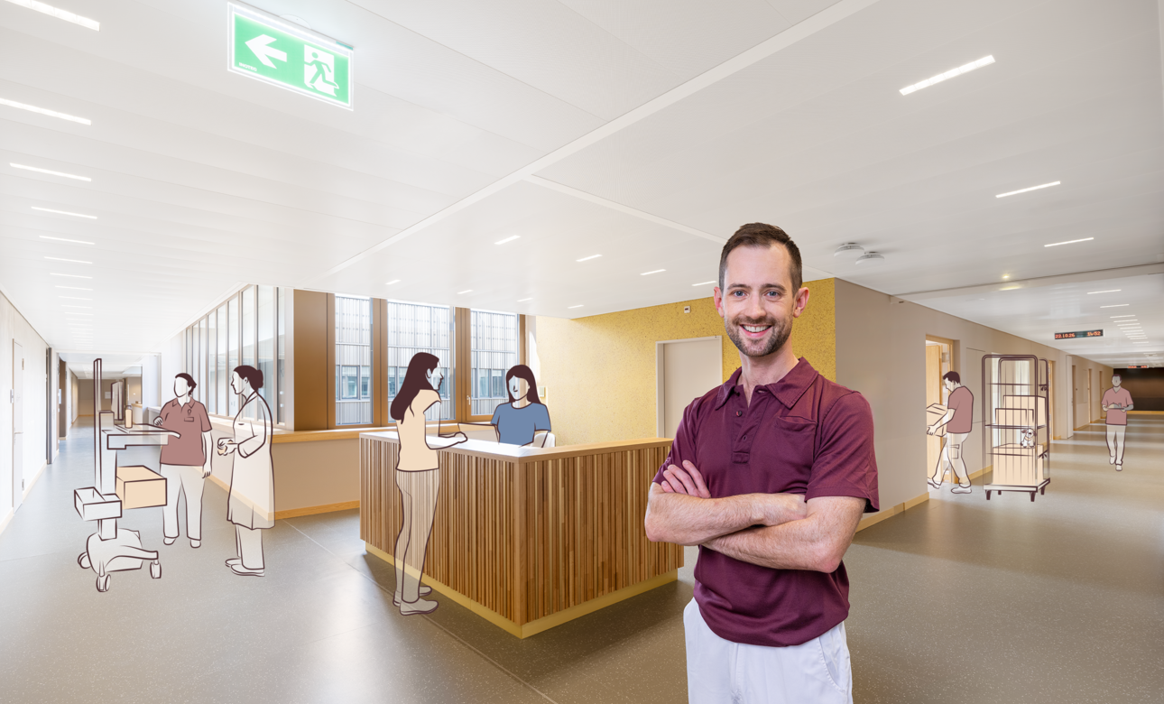 Bettenabteilung im Bettenturm des neuen KSA. Im Vordergrund: Christoph Gugger, Abteilungsleiter Pflege.