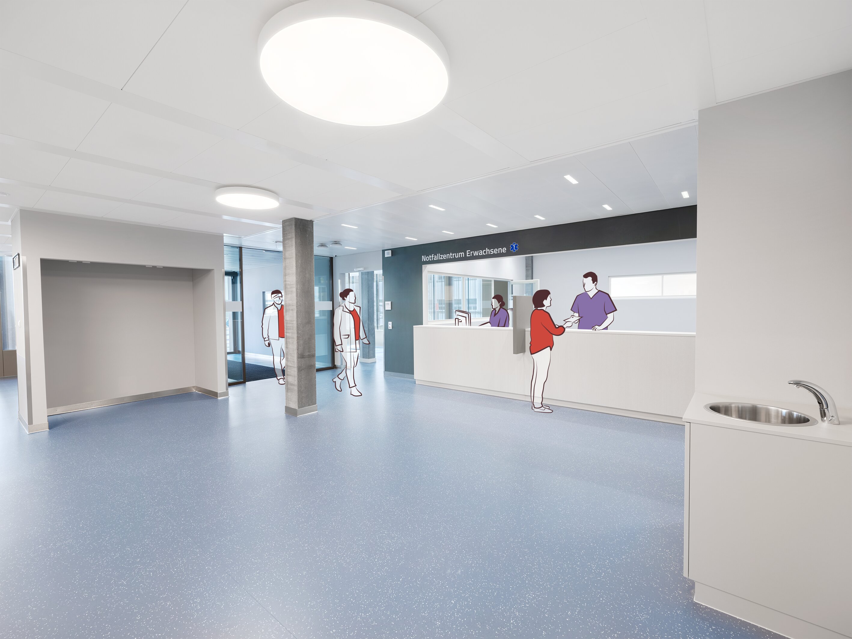 Der Walk-in-Eingang führt Patientinnen und Patienten direkt in den Empfangs- und Triagebereich des neuen Notfallzentrums.